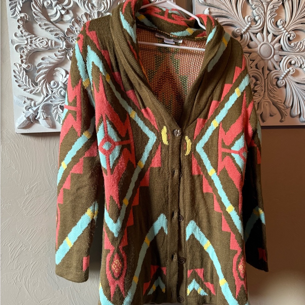 Ellison Cardigan Sweater in Brown and Pink with Geometric Pattern